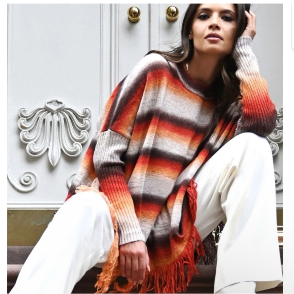 Sleeved Poncho with Fringe Boho Style